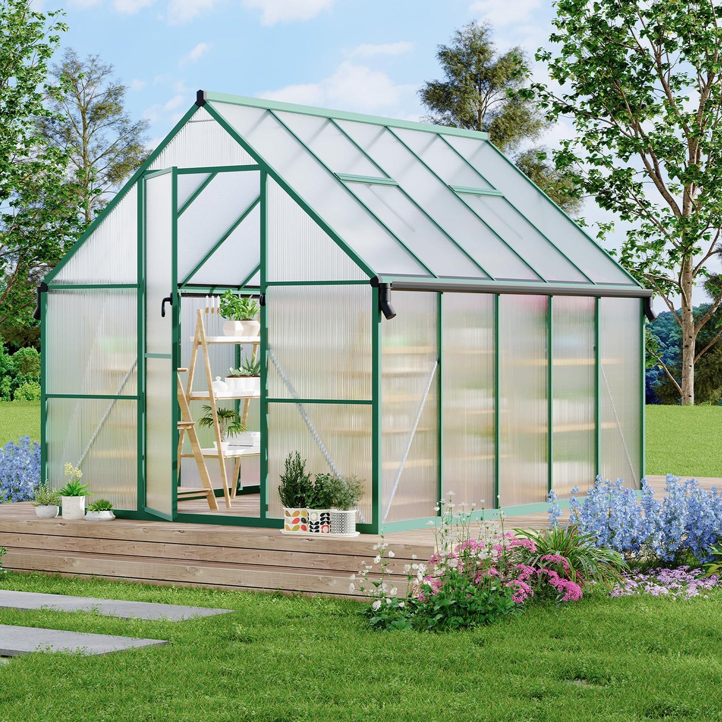 CABIHOME 8x10 FT Outdoor Greenhouse, Polycarbonate Greenhouse with Roof Vent and Ground Nails, Aluminum Large Walk-in Green House w/ Lockable Push Door for Outdoor Garden (Olive, 8x10 FT)