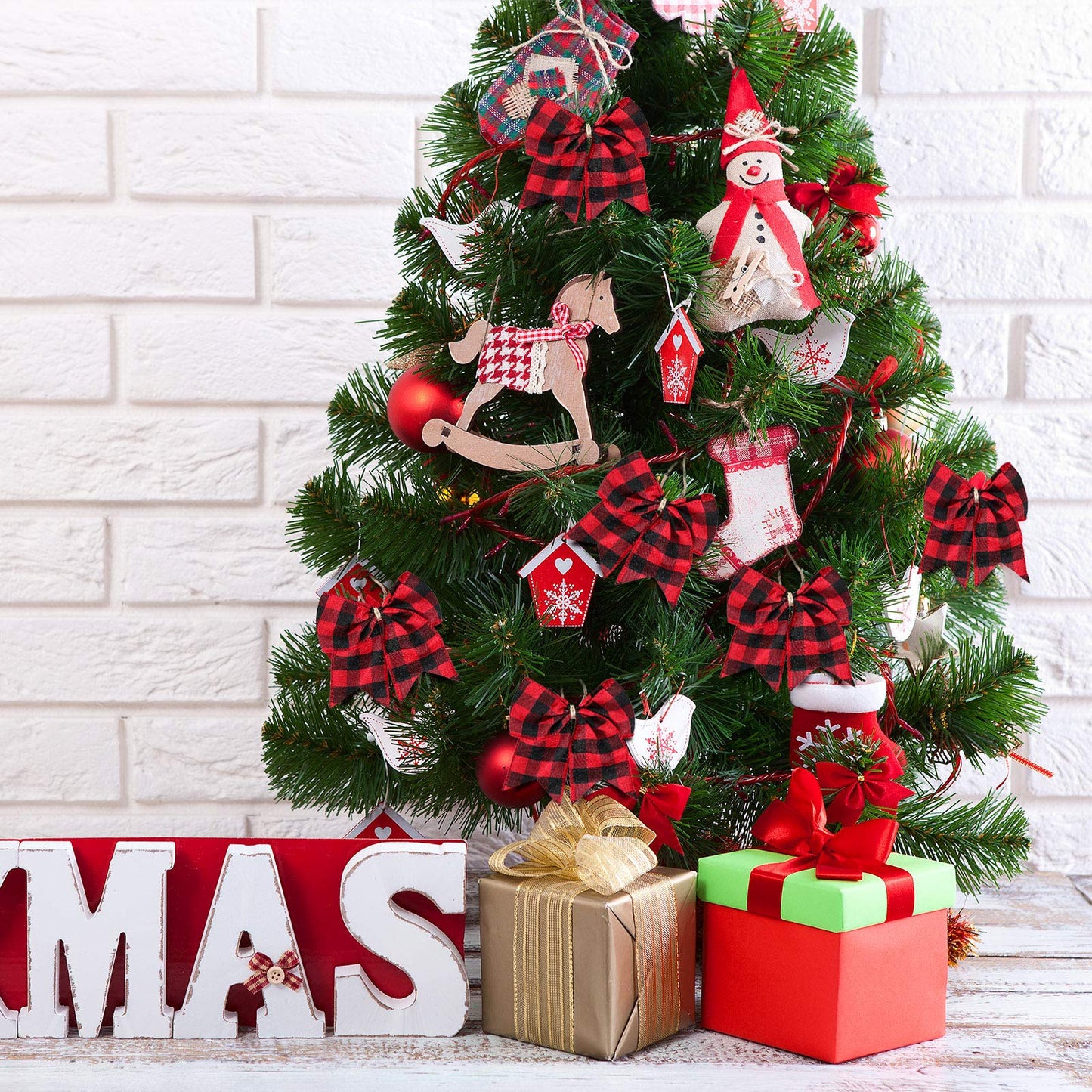 Syhood 20 Pieces Christmas Plaid Bows Ornaments Buffalo Plaid Burlap Bows for Christmas Wreaths Gift Wrapping Tree Crafts DIY Home Party Indoor Outdoor Decoration Supplies (Black and Red)