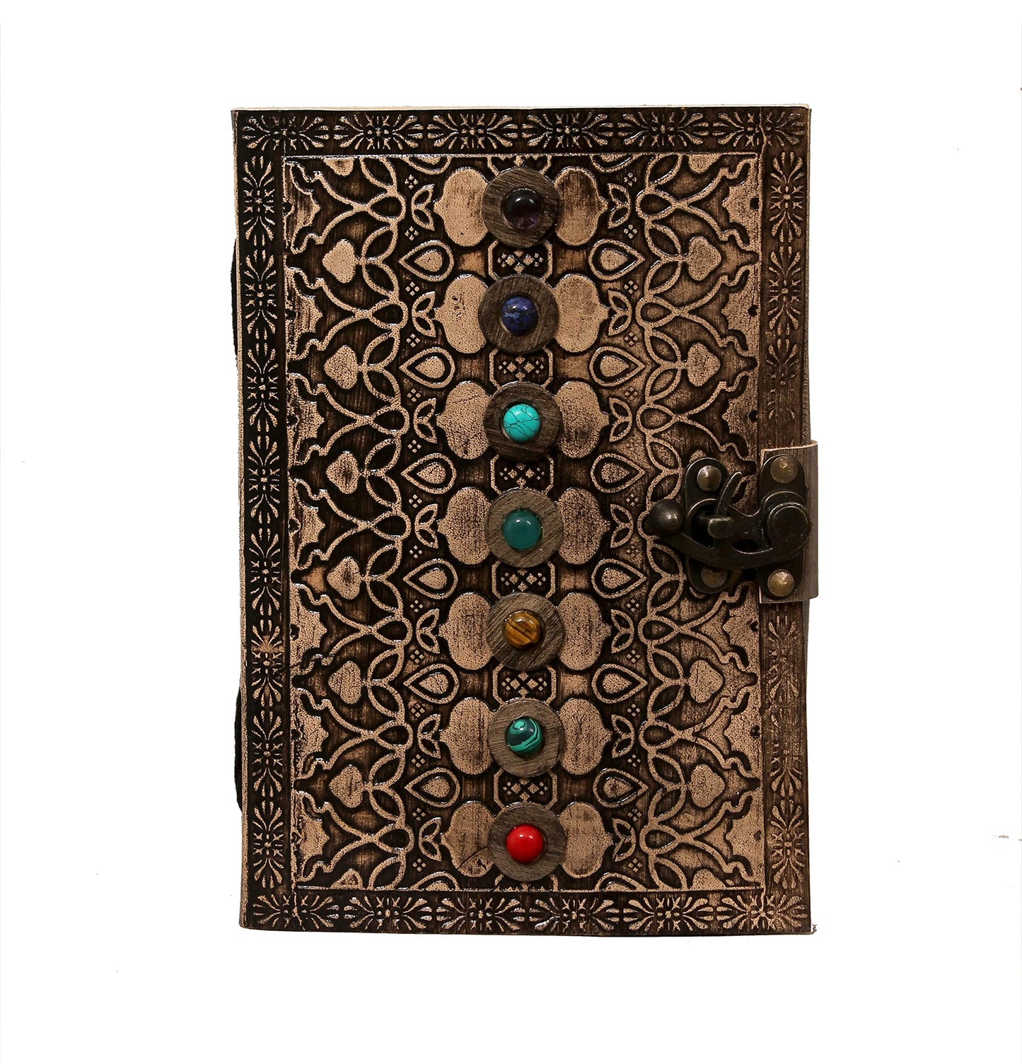 AzureGreen Leather Book of Shadows Journal, Supernatural Notebook with Chakra Gem Stones Healing Crystals and Latch