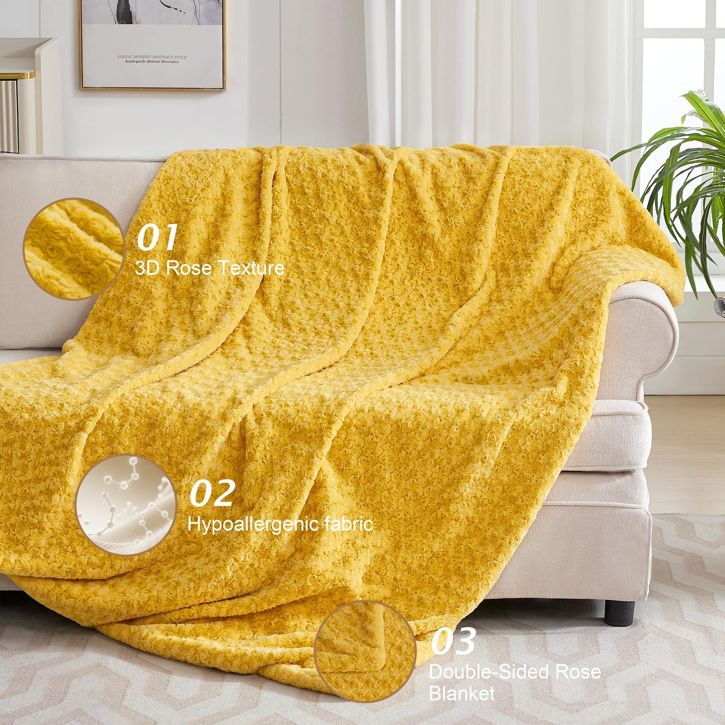 VFROO Double-Sided Faux Fur Throw Blanket, Fuzzy Soft Plush Thick Warm Fluffy Shaggy Fuzzy Blanket for Couch, Sofa, Bedroom, Luxury Blanket Valentines Day Gifts for Her, Yellow, 50"x60"