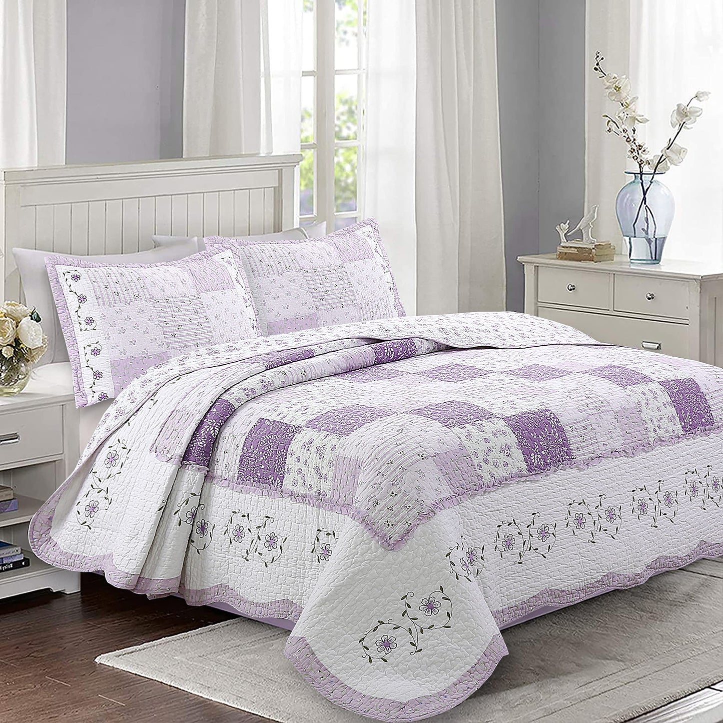 Cozy Line Home Fashions 100% Cotton Hand Pieced Real Patchwork Floral Scalloped Edge Country Quilt Bedding Set, Reversible Coverlet Bedspread for All Seasons (Love of Lavender, Queen - 3 piece)