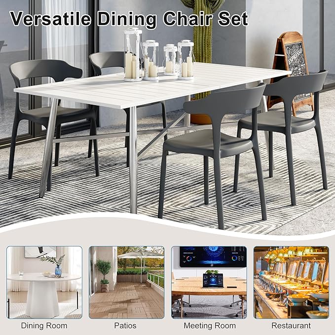 VECELO 4 Pack Plastic Stacking Chairs, Stackable Dining Chairs for Kitchen Restaurant Patio, Portable Indoor Outdoor Use, No Assembly Required, Gray