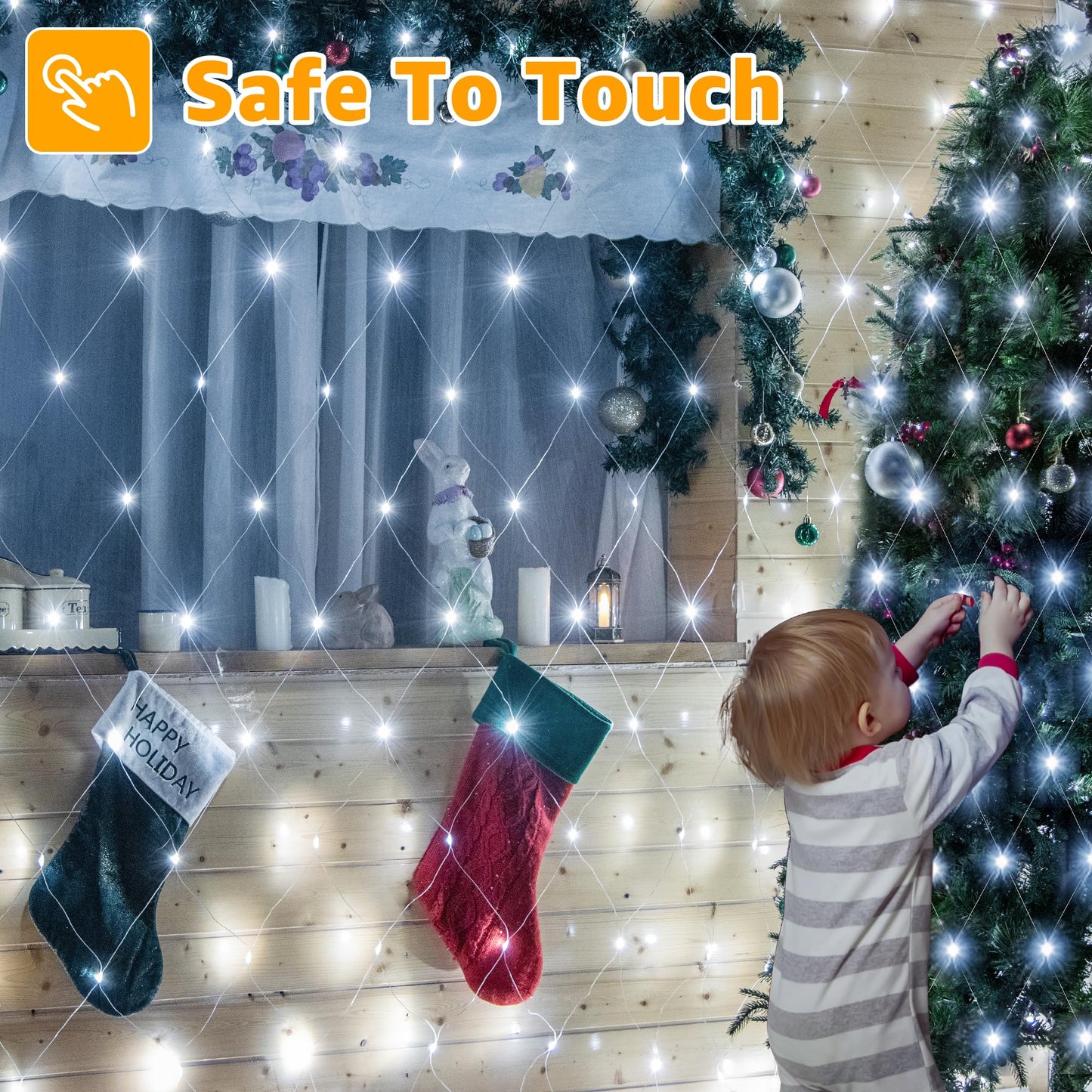 Ollny Net Lights Outdoor Mesh Lights IP67 Waterproof, 210LED 10x7ft Cool White Christmas Net Lights, Connectable Remote 8 Modes Tree Light for Bushes Shrubs Lawn Indoor Decorations