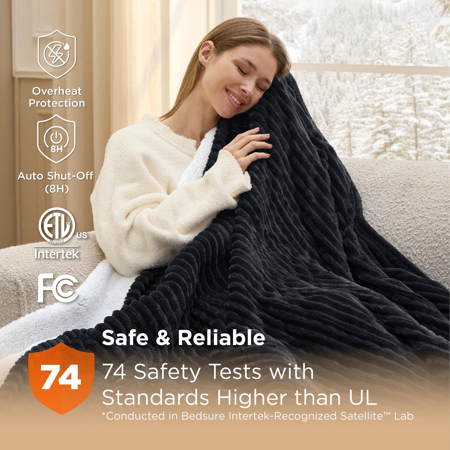Bedsure GentleSoft Heated Blanket Throw - Soft Ribbed Flannel Electric Blanket, Heating with 6 Time Settings (Up to 10H), 6 Heat Settings & 8Hr Timer Auto Off, Gifts for Grandma (50x60 inches, Black)