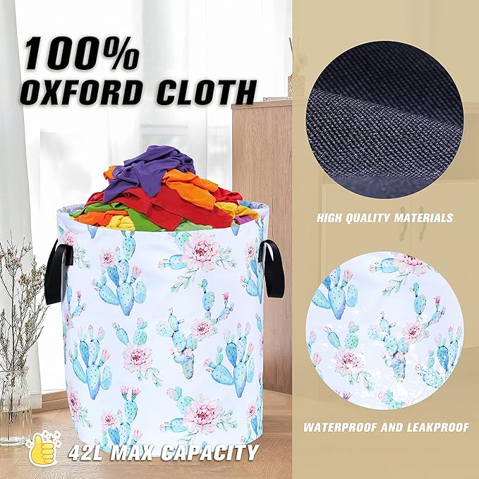 Cactus Flowers Laundry Basket Pink Floral Foldable Oxford Cloth Funny Tote Bag