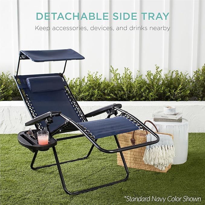 Best Choice Products 30” Wide Folding Zero Gravity Outdoor Recliner Patio Lounge Chair w/Adjustable Canopy Shade, Headrest, Side Accessory Tray - Ivory