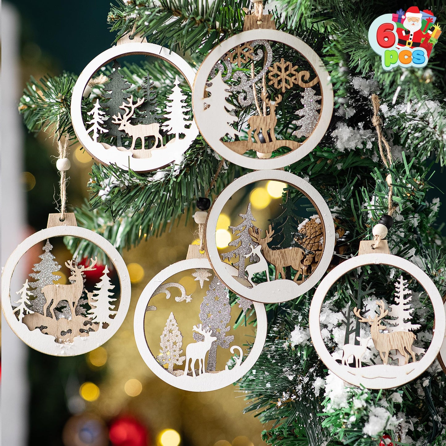 JOIEDOMI 6 Pcs Christmas Wooden Ornaments, Christmas Farmhouse Rustic Reindeer, Hanging Wood Ornaments for Winter Holiday Indoor Decor, Xmas Tree Decorations