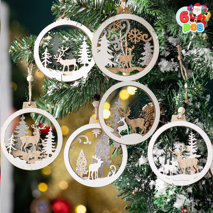 JOIEDOMI 6 Pcs Christmas Wooden Ornaments, Christmas Farmhouse Rustic Reindeer, Hanging Wood Ornaments for Winter Holiday Indoor Decor, Xmas Tree Decorations