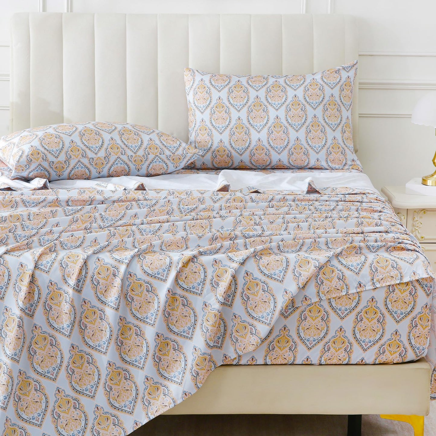 ChicView King Size Paisley Printed Sheet Set,4 Pieces Boho Style Breathable Soft Microfiber Bedsheets, Anti Pilling Deep Pockets Easy Care Bed Sheets, Yellow
