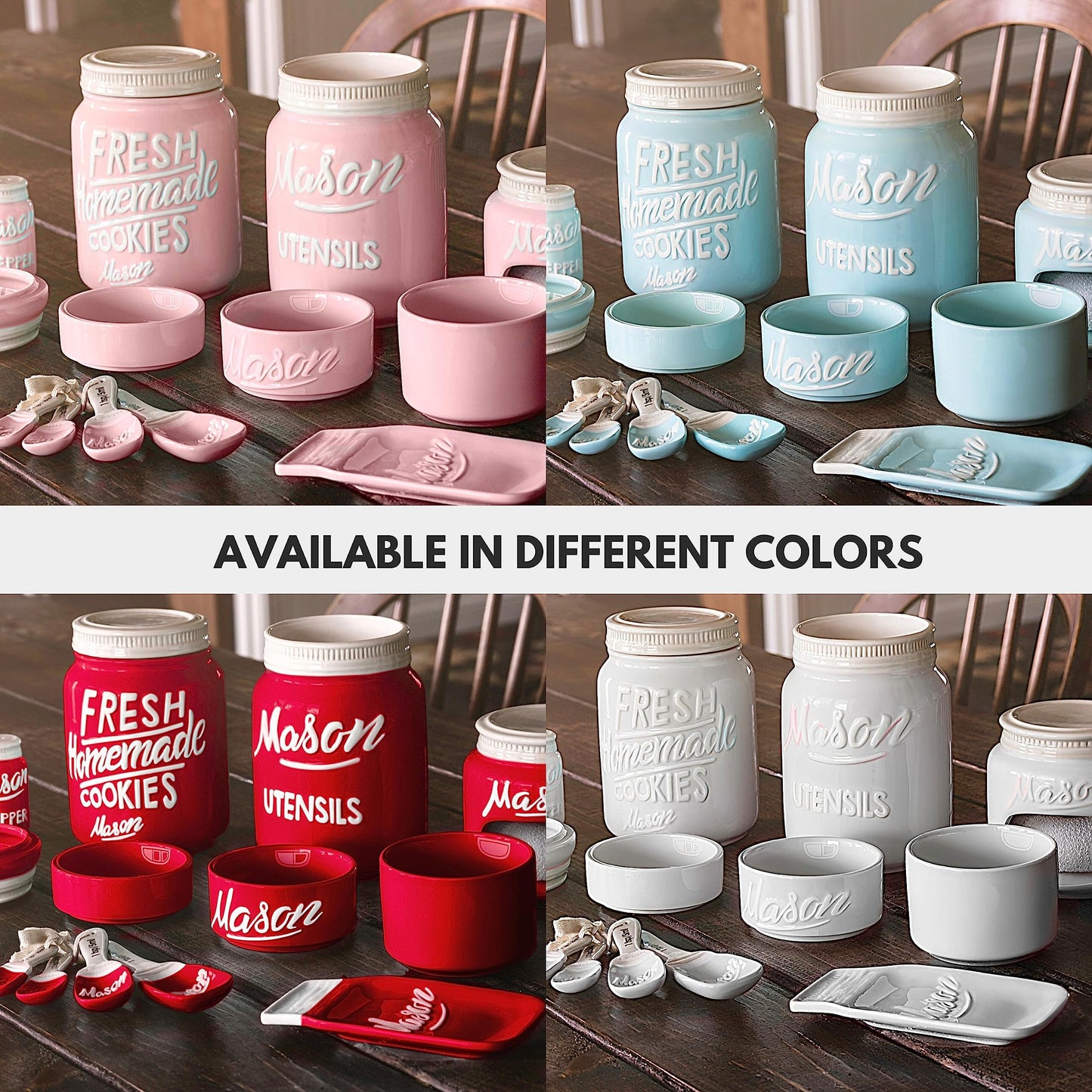 Farmhouse Canisters Sets for the Kitchen - Mason Jar Ceramic Kitchen Utensil Holder, Spoon Rest, Cute Cookie Jar, Salt & Pepper Shaker Sets, Sponge Holder, Measuring Cups & Spoons (White,17-Pc Bundle)