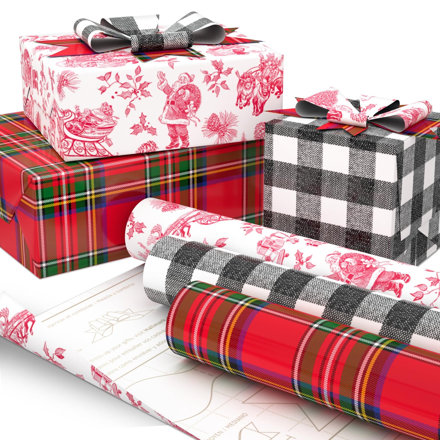 Hallmark Christmas Wrapping Paper Rolls, Holiday Plaid (3-Pack: 120 Sq. Ft. Ttl) Red Toile, Black Buffalo Check, Plaid for Christmas, Birthdays, Weddings, Crafts