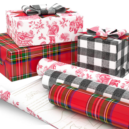 Hallmark Christmas Wrapping Paper Rolls, Holiday Plaid (3-Pack: 120 Sq. Ft. Ttl) Red Toile, Black Buffalo Check, Plaid for Christmas, Birthdays, Weddings, Crafts