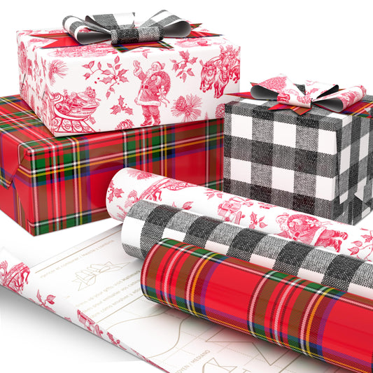 Hallmark Christmas Wrapping Paper Rolls, Holiday Plaid (3-Pack: 120 Sq. Ft. Ttl) Red Toile, Black Buffalo Check, Plaid for Christmas, Birthdays, Weddings, Crafts
