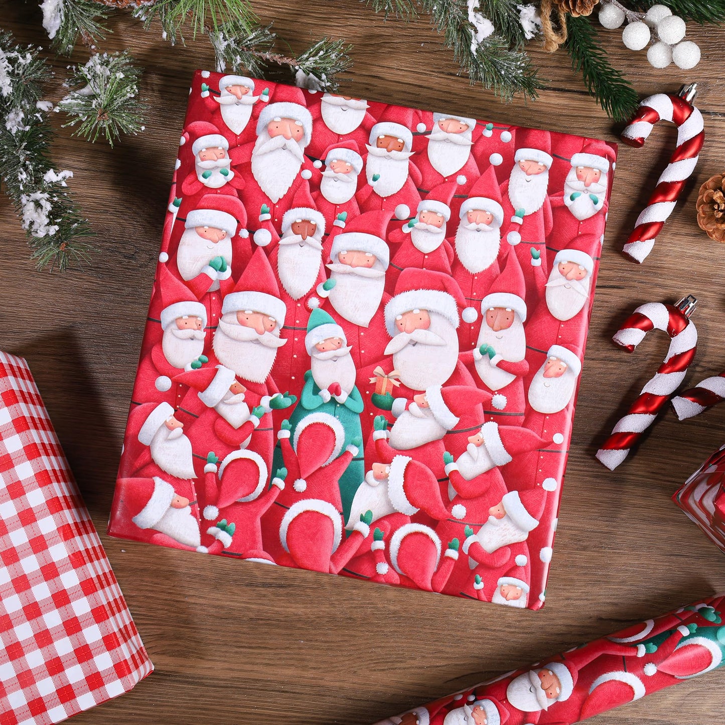 BIOBROWN Reversible Christmas Wrapping Paper - 17 Inch X 33 Feet (46.7 sq. ft. ttl.) - Joyful Santa Design Perfect for Xmas, Party, Holiday Gift Wrap