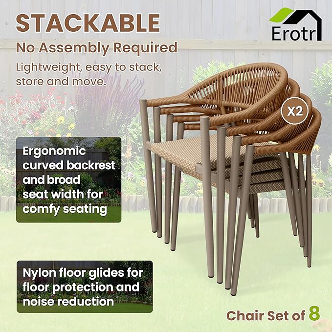 8 Pcs Stackable Patio Dining Chairs, Aluminum Rattan Outdoor Dining Chair with Arms, Woven Rope Garden Armchair Metal No Assembly for Bistro Balcony Porch Deck Yard Cafe Restaurant, Light Brown