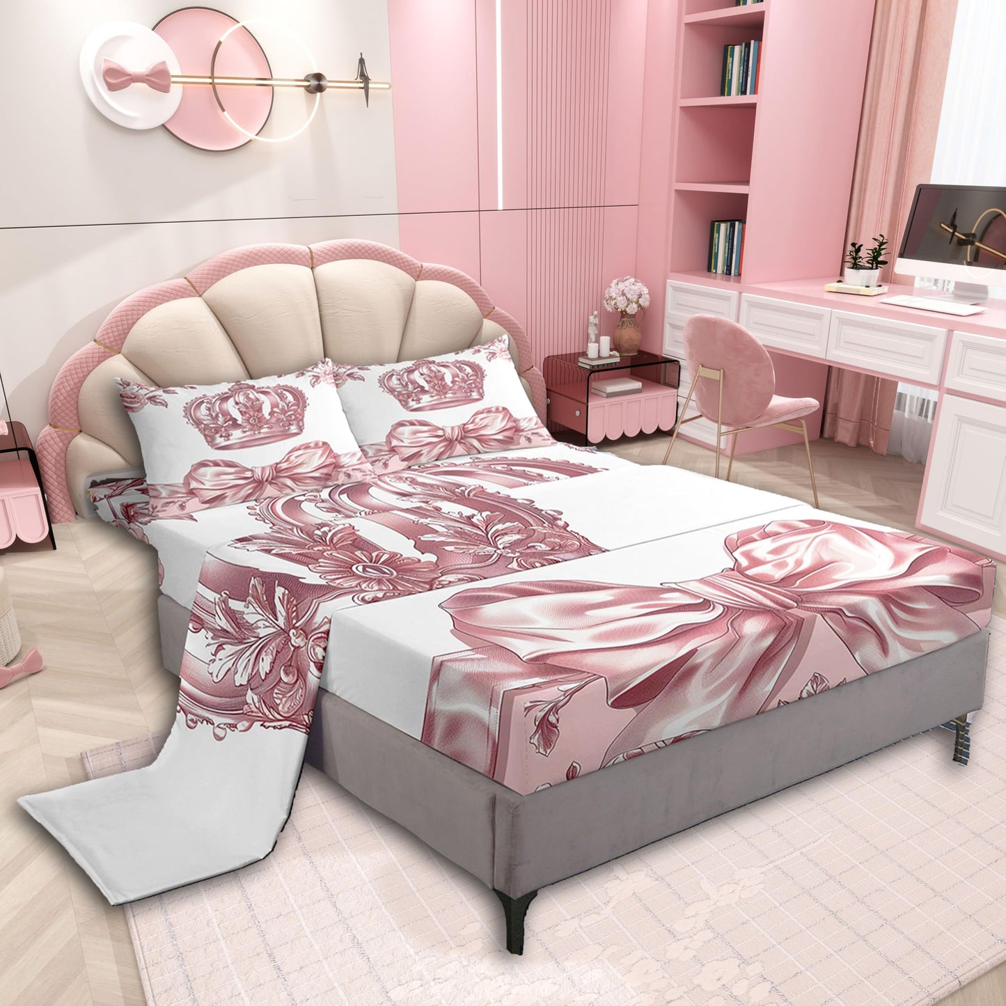 jejeloiu Bowknot Bed Sheets Set Twin Size Pink Bow Deep Pocket Fitted Sheet Colourful Bowknot Bedding Sets Bow-tie Soft Bed Set 3Pcs with 1 Pillow Cases