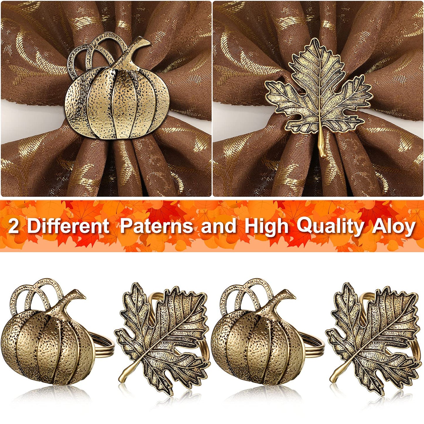 Patelai 12 Pieces Thanksgiving Napkin Ring Set Pumpkin Maple Leaf Fall Leaf Rings Halloween Napkin Holders Ring Kit for Thanksgiving Halloween (Maple and Pumpkin,Bronze)