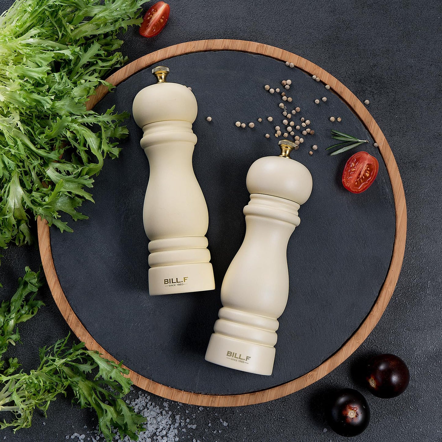 BF BILL.F SINCE 1983 Salt and Pepper Mill Set, Wooden Pepper Mill, Set of 2 Manual Salt Pepper Shaker Mill, Refillable, 7 Inches (Cream Set)