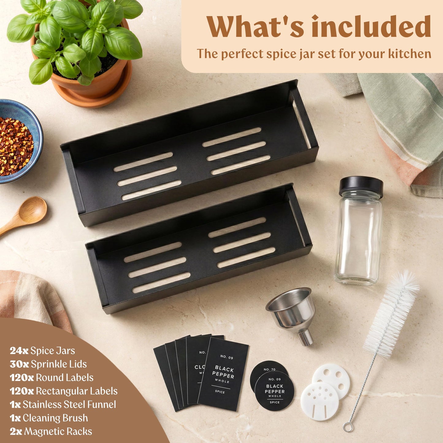 EDELHAUS Square Glass Spice Jars (24 x 4oz) with Black Lids + Magnetic Spice Rack for Refrigerator (Fits 12 Jars) + Bonus Slim Auxiliary Rack, 240 Labels, Shaker Inserts, Funnel
