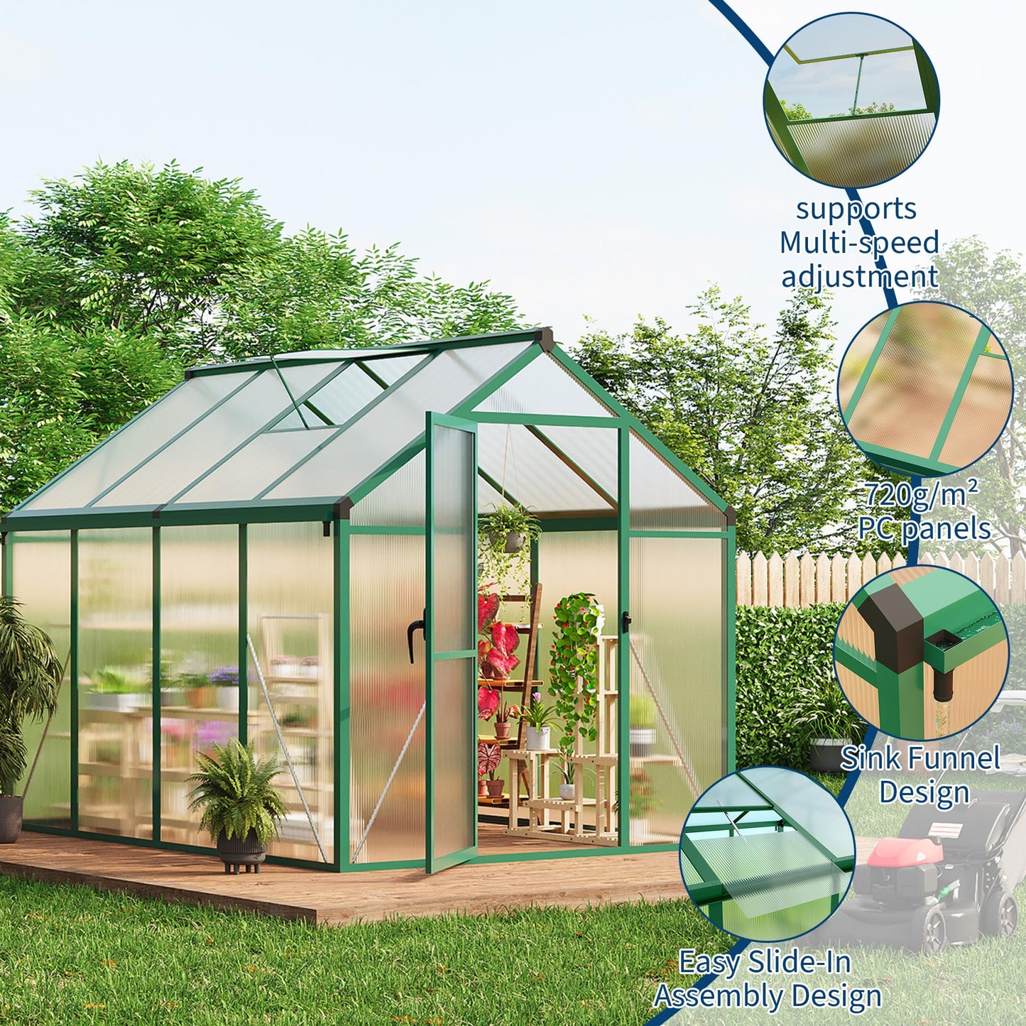 6×8 FT Greenhouse, Large Walk in Greenhouses for Outdoors and Garden Planting, Polycarbonate Greenhouse with Enhanced Aluminum Frame, Green Houses with Quick Setup Structure and Roof Vent, Green