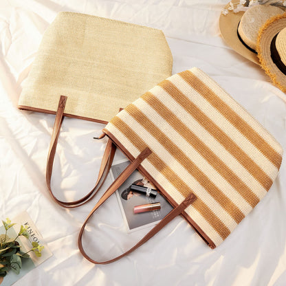 KALIDI Straw Tote Beach Bag Striped Shoulder Handbag Stitch Woven PU Leather Handle Zipper Closure Inner Pocket Travel Shopping Picnic