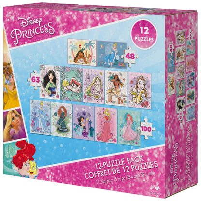 Spin Master Games, Disney Princess 12-Puzzle Bundle - Moana, Ariel, Mulan, Cinderella & More, with 48-Piece, 63-Piece, & 100-Piece Disney Puzzles for Kids, for Ages 4 & Up
