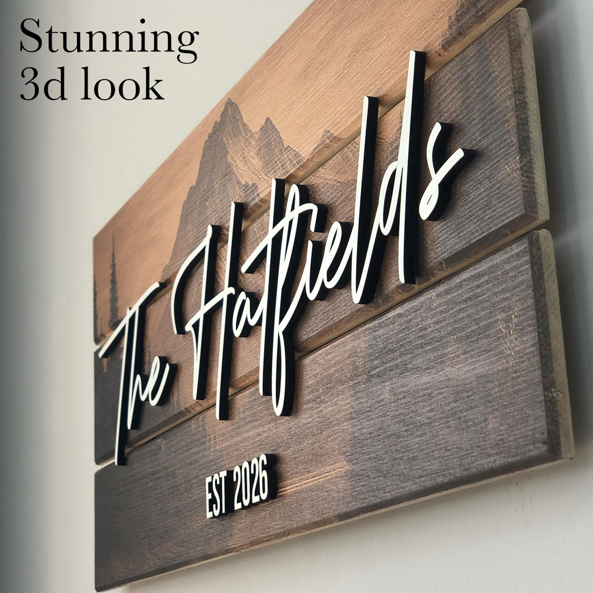 Custom Mountain Family Name Sign - Rustic Wood Wall Decor, Personalized Wedding & Gift for Couples Anniversary, Housewarming Gift for New Home 23x10" (Standard Size)