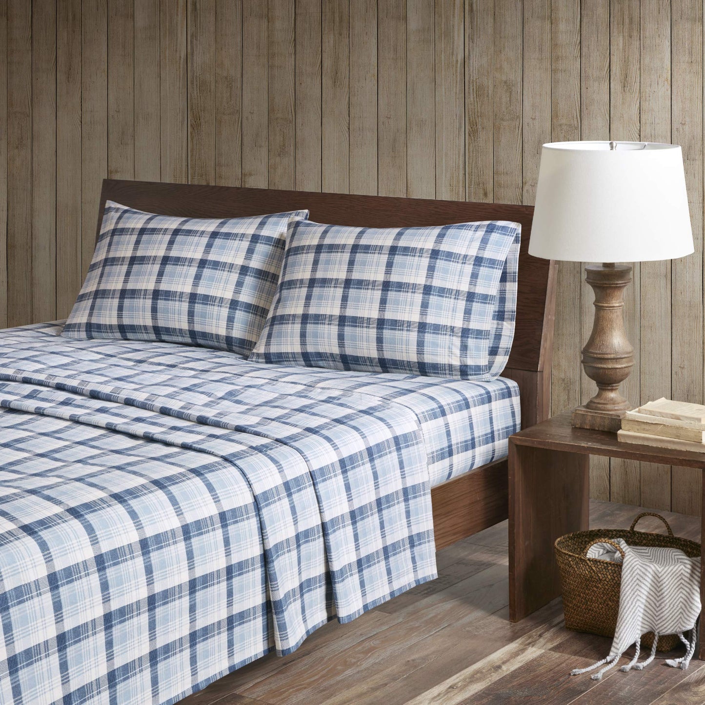 Woolrich Cotton Sheet Set Cottage Charms Print, 100% Cotton Flannel Sheets Warm & Fuzzy Bedding Set Queen Size Sheets, Fitted Pocket Fits Up to 14" Mattress, Queen Blue Plaid, 4 Piece