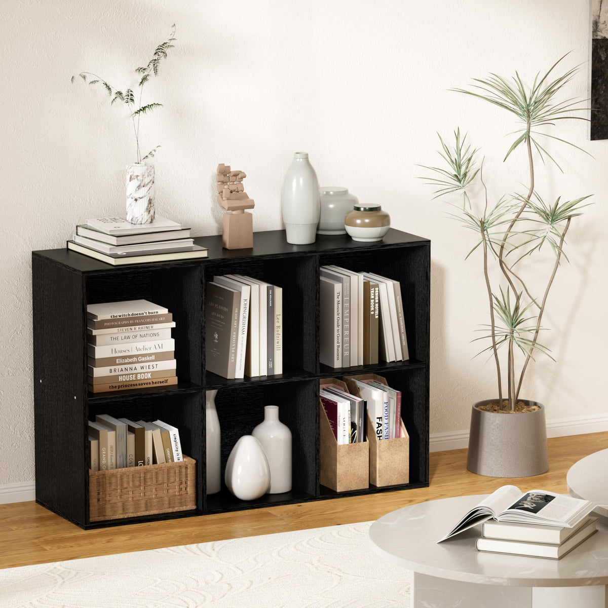 VAFHYLLIS 6 Cube Bookshelf with Closed Back Panel, 13.5-inch Wooden Cubby Shelves Heavy Duty - Bookcase for Living Room, Home, Office (Black)