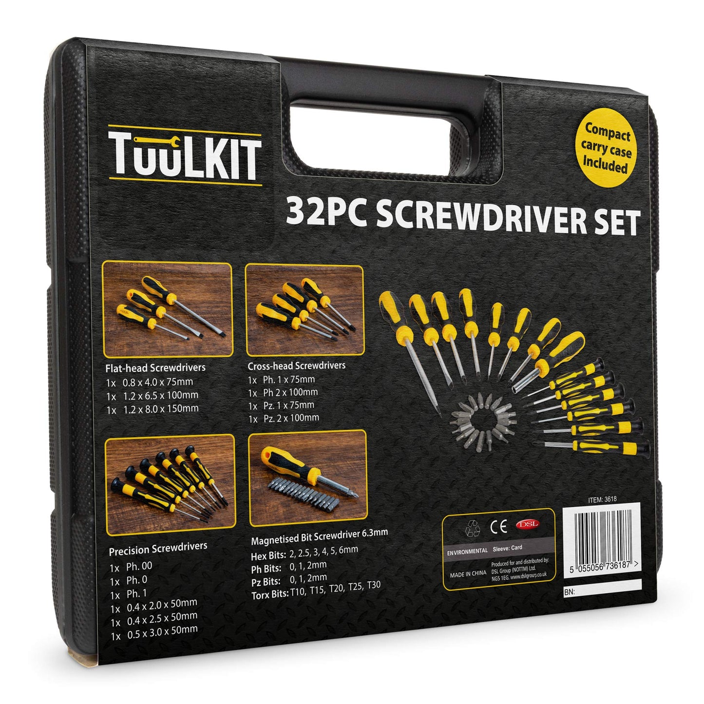 TuulKIT 32 Pieces Screwdriver Set with Compact Carry Case, Flat-Head, Cross-Head, Slot-Head and Precision Screwdrivers, Cushion Grip Handles, Magnetised Hex, Torx, Ph, Pz Bits