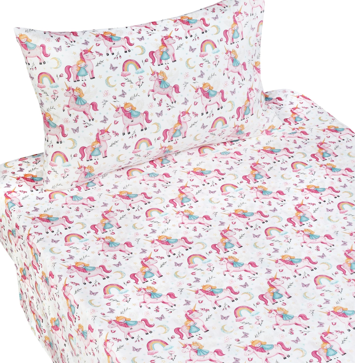J-pinno Princess Unicorn Horse Pink Cute Adorable Twin Sheet Set for Kids Girls Boys Children,100% Cotton, Flat Sheet + Fitted Sheet + Pillowcase Bedding Decoration Gift Set