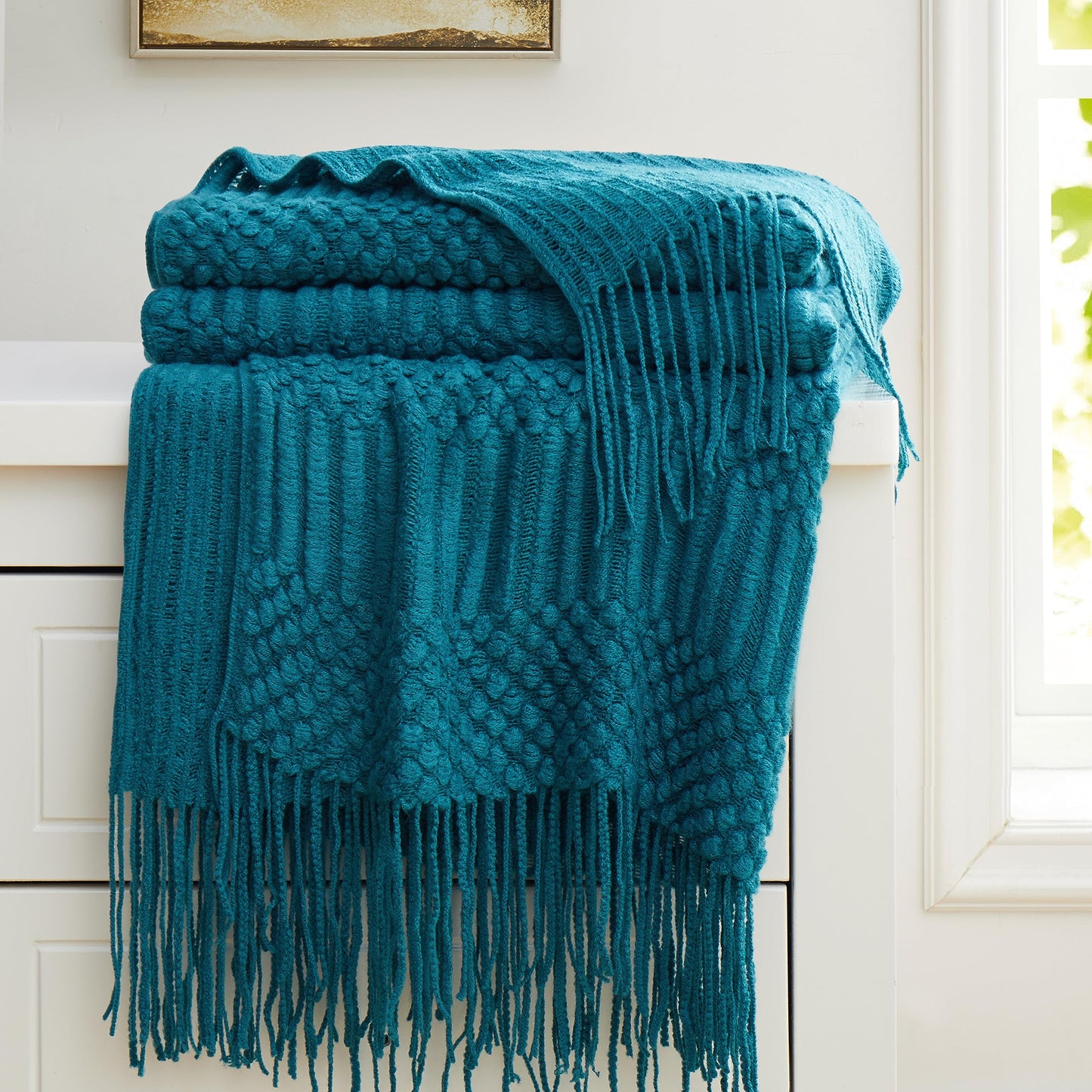 HommxJF Teal Knitted Decorative Throw Blankets for Couch, Bedroom and Officeroom,Textured Fade Resistant Soft and Warm Knit Blanket with Tassel,50"x60"