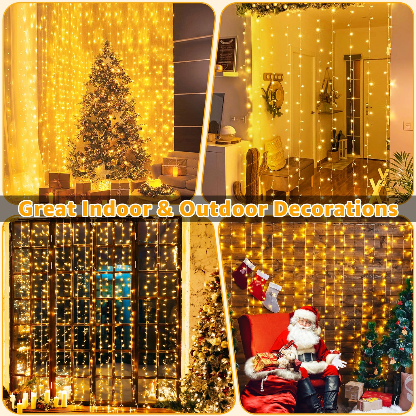 Ollny Curtain Lights Indoor, 300 LED 3m x 3m Fairy Lights USB Powered, Waterproof Warm White String Light with 8 Modes/Timer/Remote, Bedroom/Wall/House/Garden Decorations