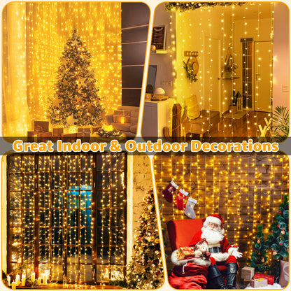 Ollny Curtain Lights Indoor, 300 LED 3m x 3m Fairy Lights USB Powered, Waterproof Warm White String Light with 8 Modes/Timer/Remote, Bedroom/Wall/House/Garden Decorations