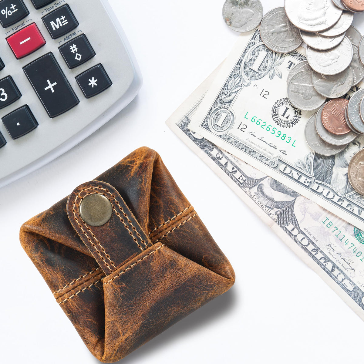 Leather Coin Pouch - Compact Change Holder and Mini Pocket Wallet for Men & Women (Antique Brown)