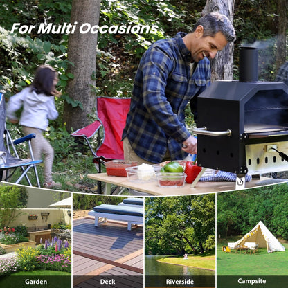 Pizzello Outdoor Pizza Oven Wood Fired 2-Layer Pizza Ovens 12" Outside Pizza Maker with Stone, Pizza Peel, Cover,Removable Cooking Rack for Camping Backyard BBQ (Black)