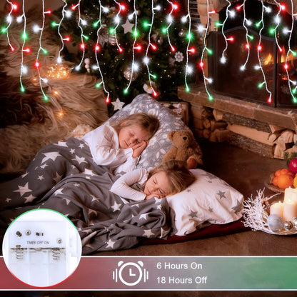 2 Pack Red White Green Christmas Icicle Lights Battery Operated, Total 204 LED Twinkle Icicle Lights 20Ft Clear Wire with 8 Lighting Modes Timer Function for Outdoor Indoor House Party Decoration
