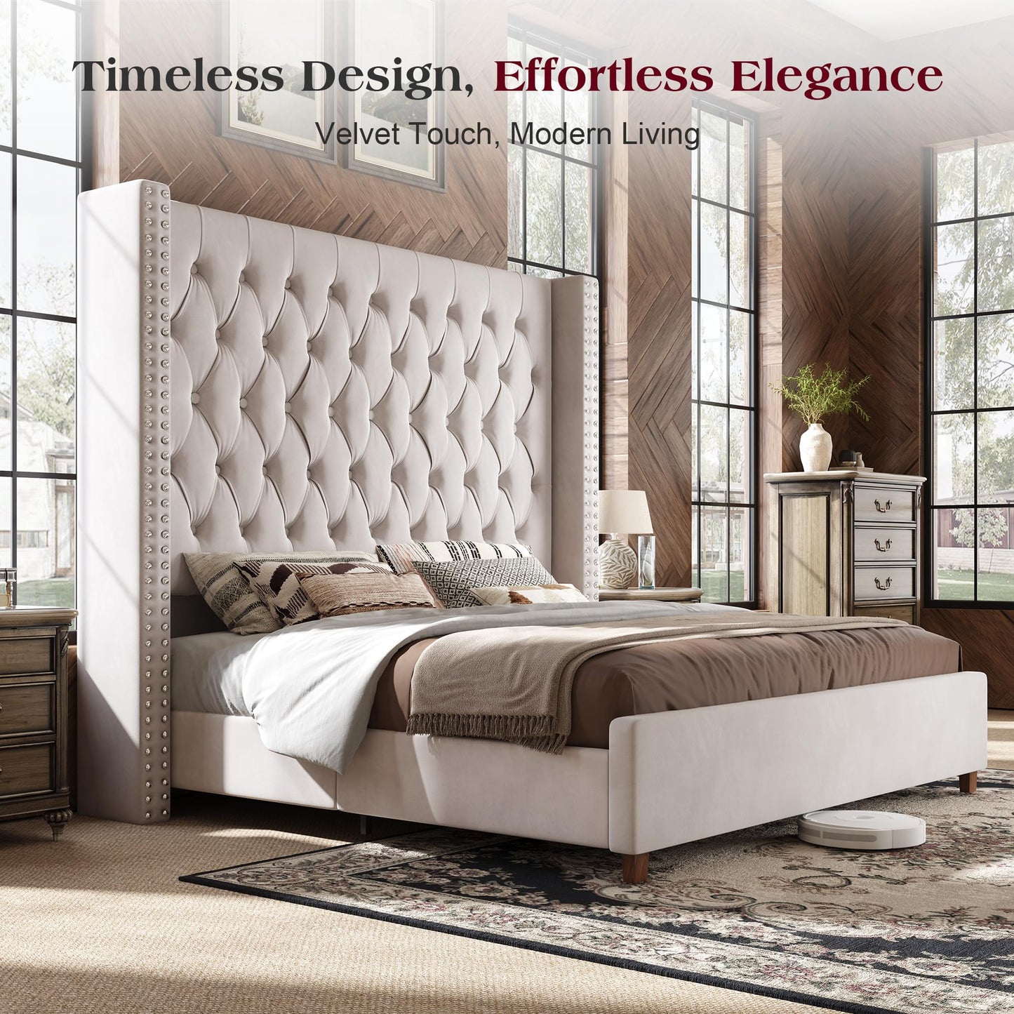 PaPaJet California King Bed Frame with 61.4" Tall Wingback Headboard, Velvet Upholstered Platform Bed, No Box Spring Needed, Noise-Free&Easy Assembly, for Tall Sleepers & Long Master Bedroom, Cream