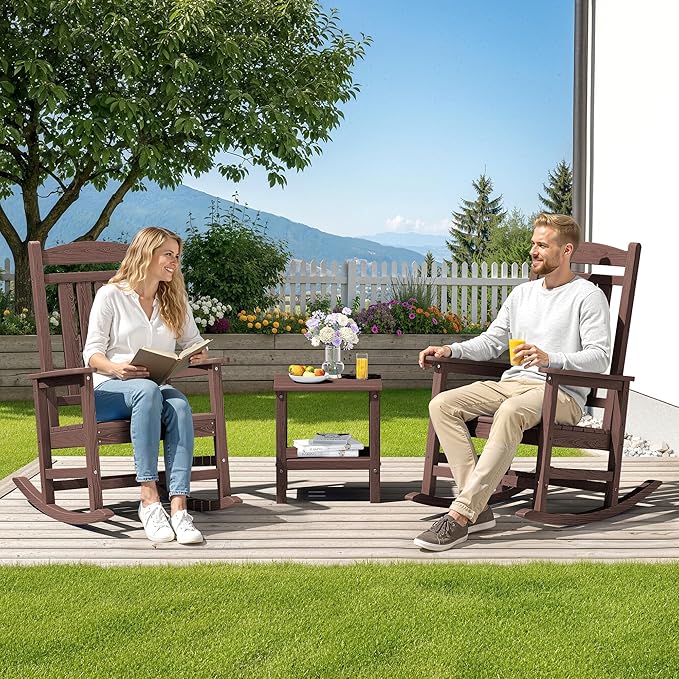 SERWALL HDPE Outdoor Rocking Chair Set of 4, Oversized Patio Rocking Chairs, All-Weather Porch Rockers for Adults, Coffee