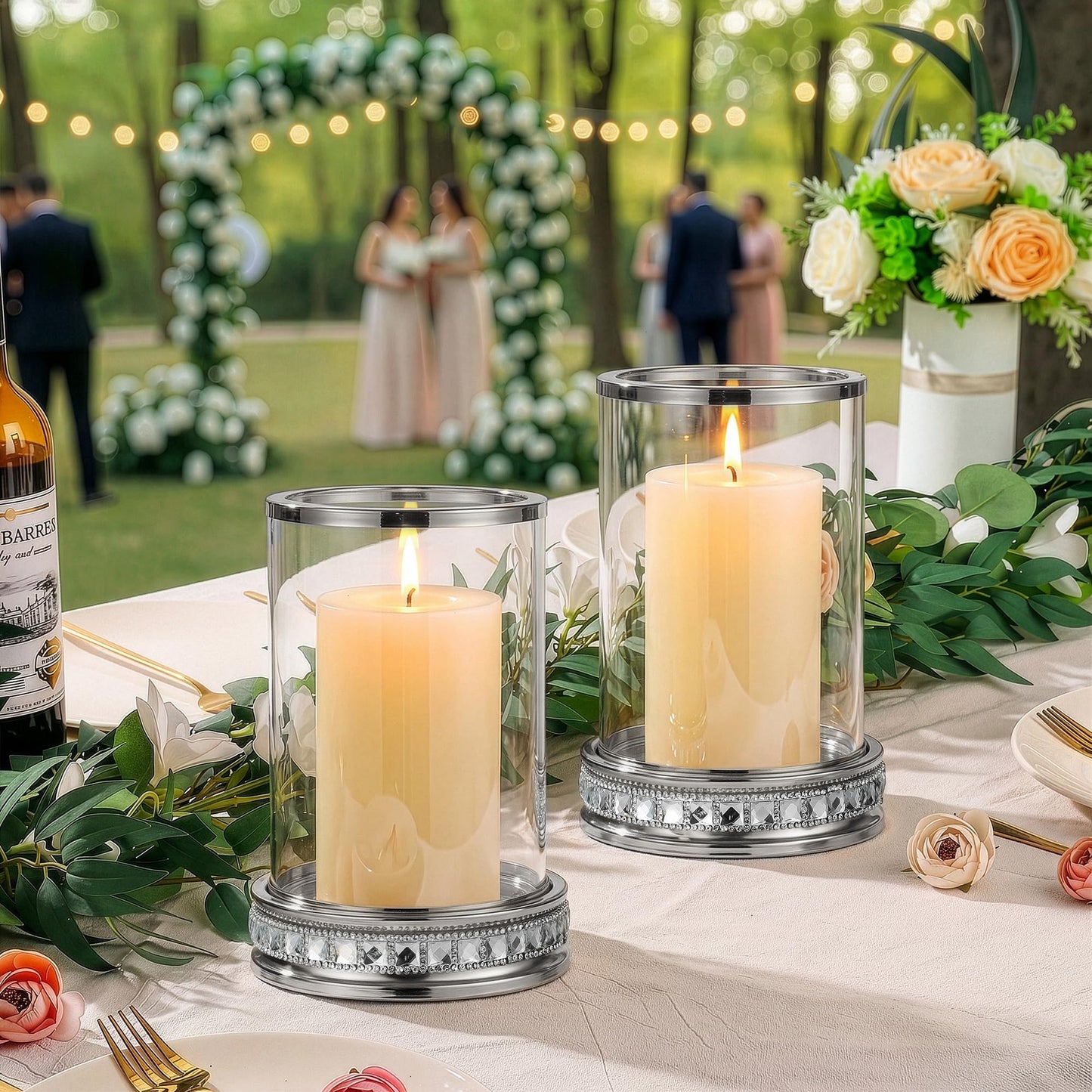 2pcs Hurricane Candle Holder, Pillar Candle Holders with Clear Glass Sleeve, Small Crystal Lantern for Fall Thanksgiving Christmas Holiday Dining Table Centerpiece (Silver)
