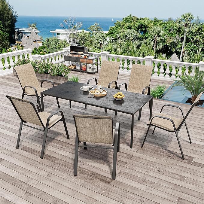 Patio Chairs Set of 4, Stackable Outdoor Dining Chairs for All Weather Textilene Fabric & Metal Frame, Outdoor Chairs Set for Backyard Deck Garden (Brown, Set of 4)