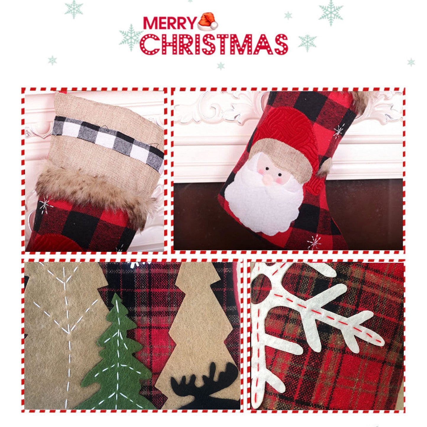 BRvieluck Christmas Stockings Set of 6 Buffalo Red Plaid with Soft Faux Fur for Family Fireplace Hanging Large 20 Inches Xmas Stockings Decorations Holiday Season Decor 6 Pack