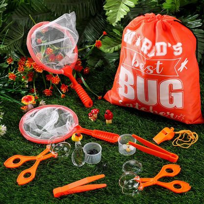 Silipull Bug Catching Kit for Kid Outdoor Explorer Kit Include Catching Scissor Tong Tweezer Clamp Bug Cage Whistle Insect Net Drawstring Bag for Boy Girl Educational Adventure Hunting (Orange,48 Pcs)