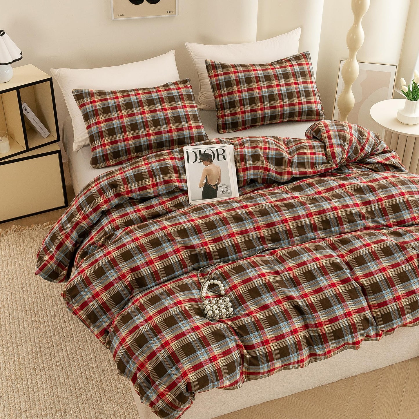 ECOCOTT Buffalo Plaid Duvet Cover Queen Size– 3 Piece Washed Cotton Bedding Set with Classic Checkered Pattern, Red & Brown Duvet Cover with Pillowcases for All Seasons