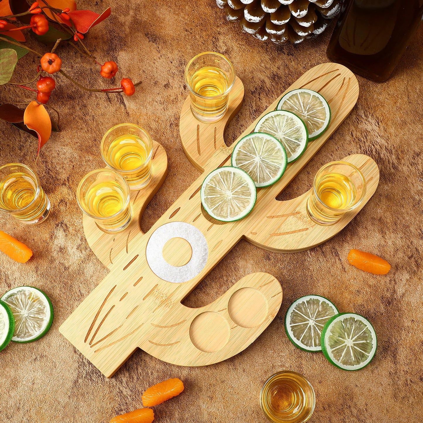 Funnymoom Mexican Tequila Shot Board with Glasses Set Fiesta Wooden Serving Tray with 6 Shot Glasses and Salt Lemon Rim Mexican Tequila Gifts for Cinco De Mayo Holiday Liquor Party(Cactus)