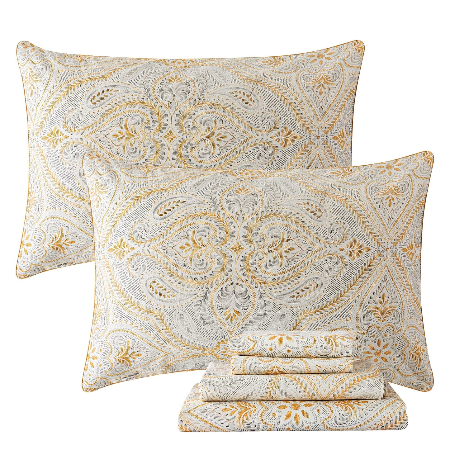 FADFAY Luxury Sheets Set Full Classical Damask Paisley Bedding Luxurious Gold Classy Paisley Bed Sheet Set Breathable 100% Cotton Ultra Soft Hypoallergenic Deep Pocket Fitted Sheet 4Pcs, Full Size