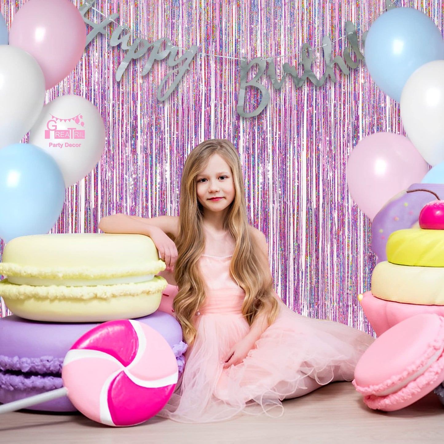 Tinsel Curtain Pink Glitter - GREATRIL Girls Tinsel Curtains Pastel Foils Fringe Party Decoration Background for Unicorn Mermaid Fairy Princess Birthday School Child School Party