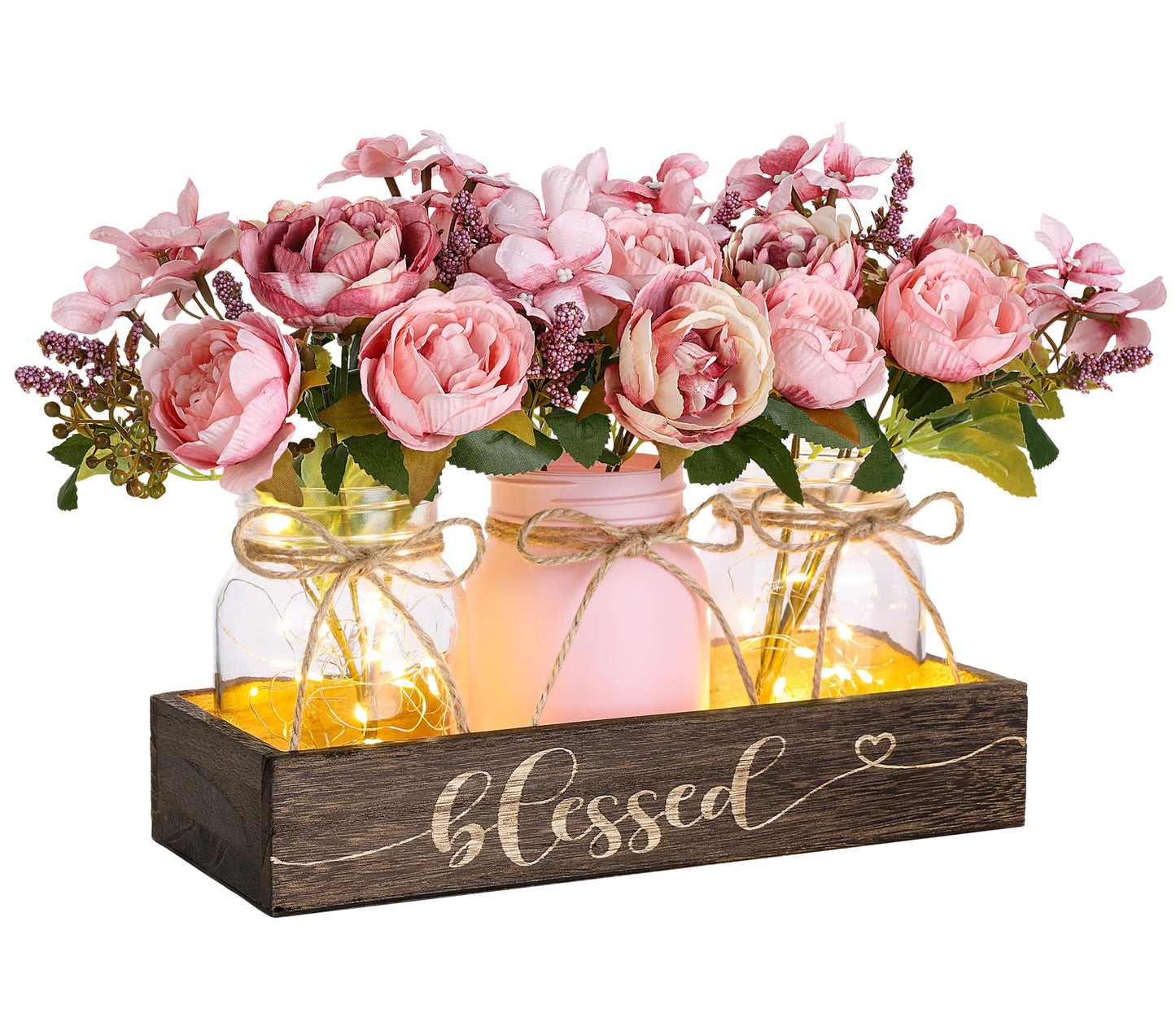 Fancyplus 3 Pcs Mason Jar Centerpiece with Wood Tray & LED Light, Farmhouse Table Decor for Dining Room Kitchen Living Bathroom, Pink