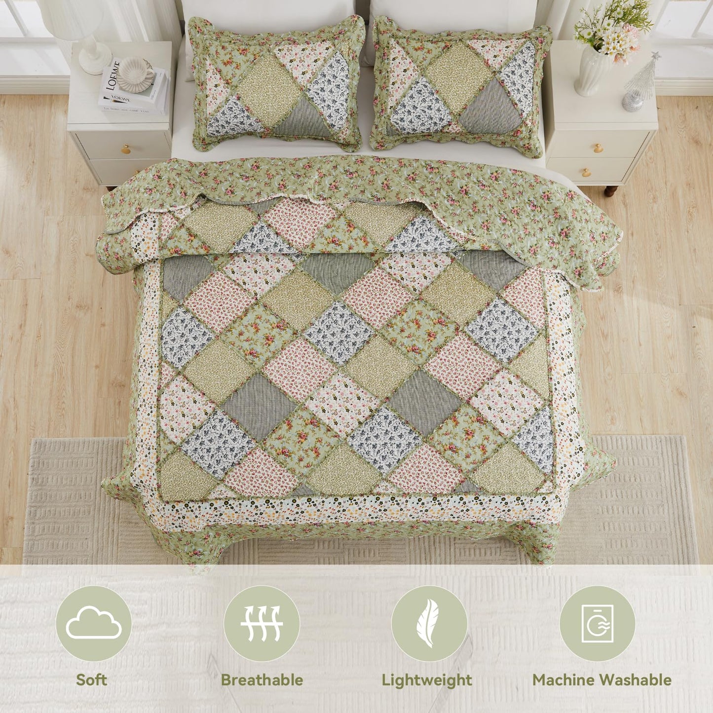 VIVILINEN Full Queen Size Green Patchwork Quilt Set Reversible Quilted Bedspread Coverlet Set 3-Piece Floral Lightweight Comforter Stitched Bedding Set Bed Sheet Set Cover Blanket with 2 Pillow Shams