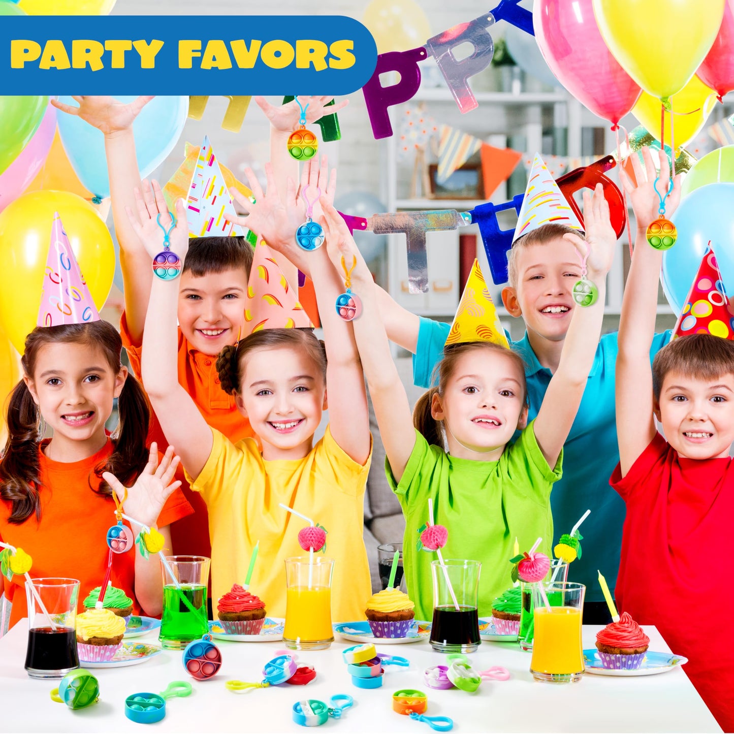 JOYIN 30 PCS Round Pop Fidget Kerings Mini Fidget Toys for Kids, Party Bag Fillers for Kids Poppet Fidget Toy Stress Relief Squeeze Keychain Toys, Party Favors Gifts for Boys and Girls